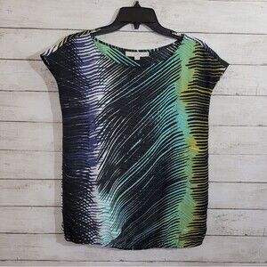 LOFT Tropical Peacock Palm Leaves Abstract Short Cap Sleeve Striped Top Blouse S